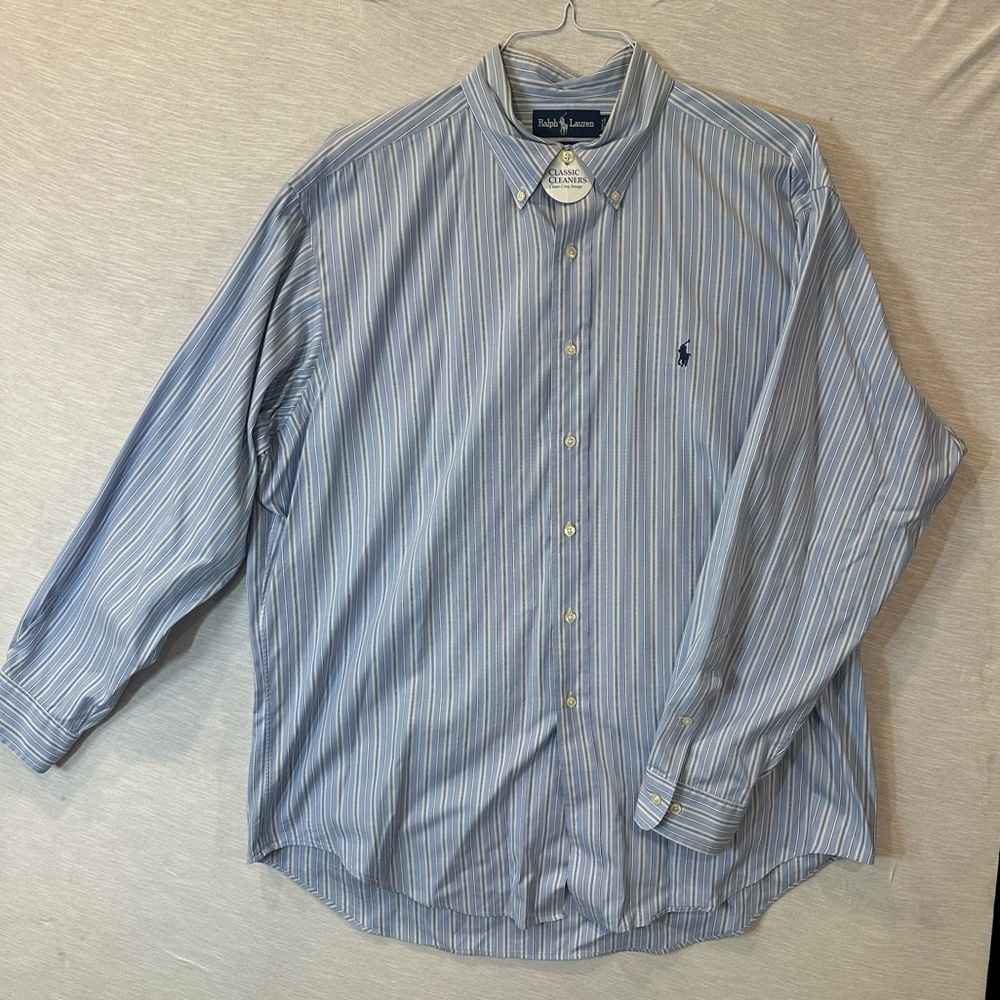 Ralph Lauren Men Long sleeved Button Down Shirt Sz 17 34/35 Striped Blue Cotton